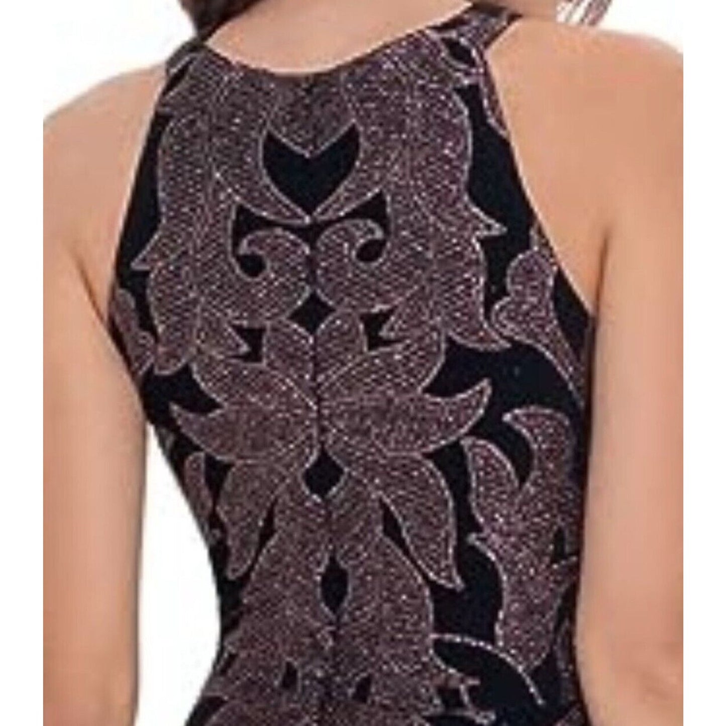 B&A Betsy & Adam Black and Rose Gold Glitter Sleeveless Fitted Halter Dress 6