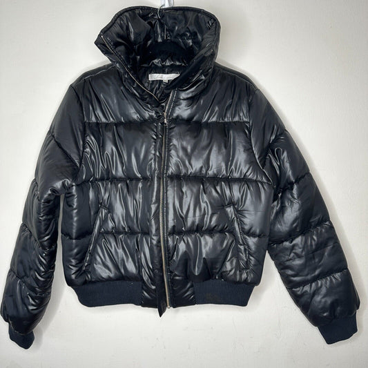 Revolve Lovers + Friends Black Satin Puffer Jacket Banded Hem & Cuff Zip L