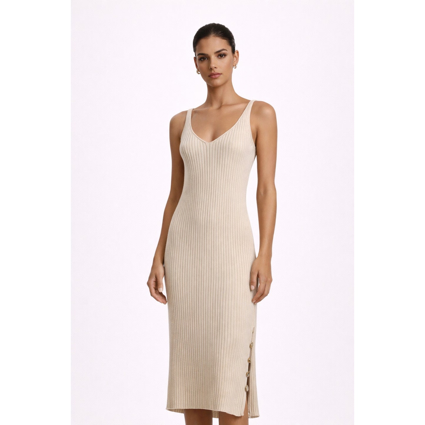 Aqua Tan Ribbed VNeck Sleeveless Side Button Midi Dress L