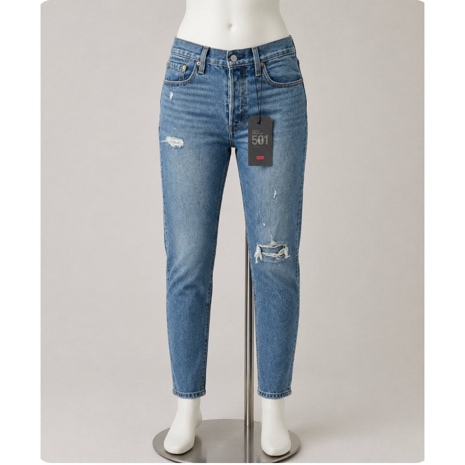 NWT Lee 501 Skinny High Rise Non Stretch Med Wash Distressed Button Fly Jean 29