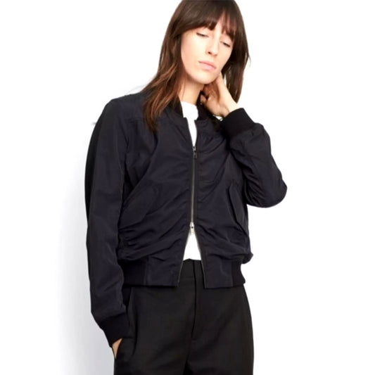 Vince Black Ruched Bomber Style Zip Jacket With Pockets Small