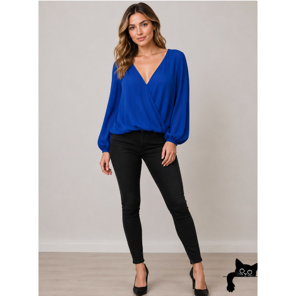 NWT INC Royal Blue VNeck Faux Wrap Long Sleeve High-Low Blouse XS