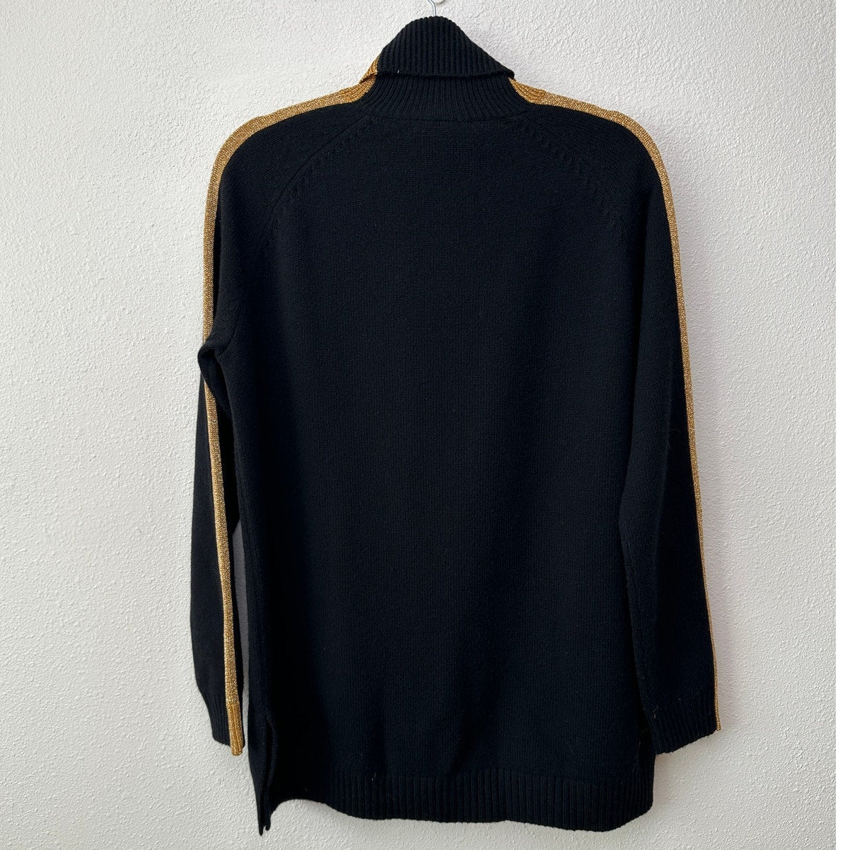 NWT Bella Freud Billie Jean Metallic Gold Stripe Turtleneck Sweater Black M