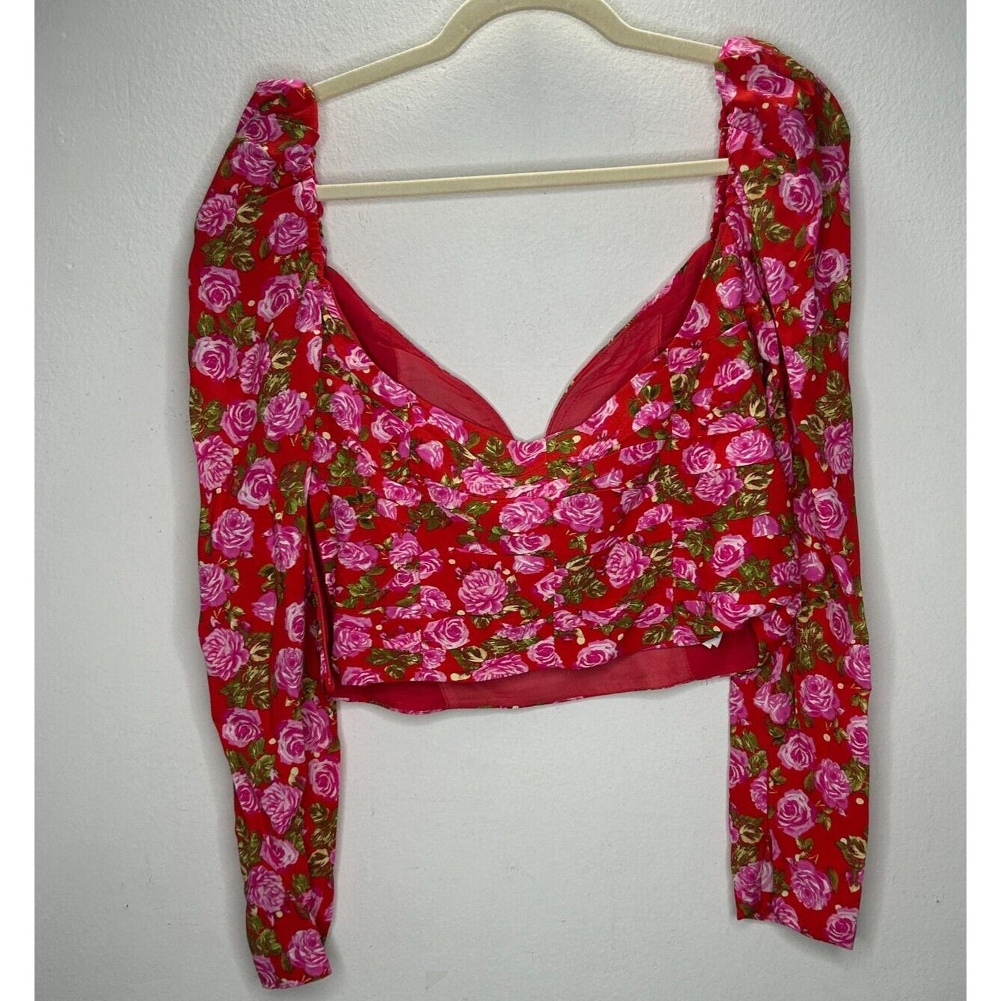 Zara Red & Pink Floral Print Long Puff Sleeve Side Zip Ruche Waist Crop Top L