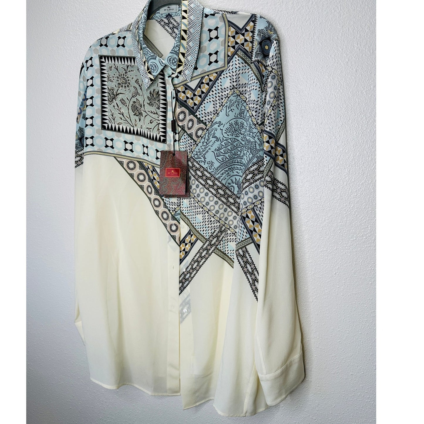 ETRO Pastel Cream Blue Multi Geometric Print Button Collar Silk Blouse  46 / L