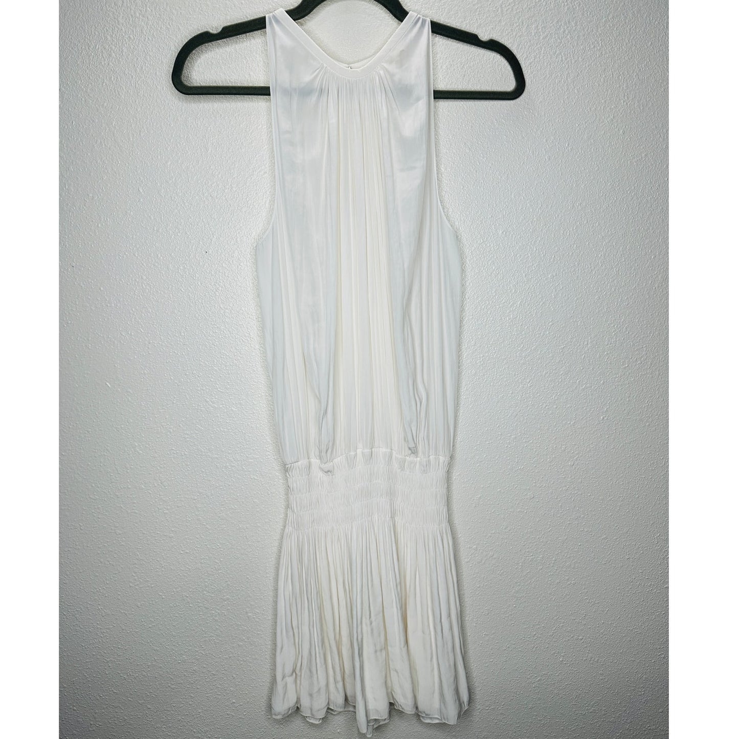 Ramy Brook White Paris Sleeveless High Neck Ruched Smocked Waist Mini Dress S
