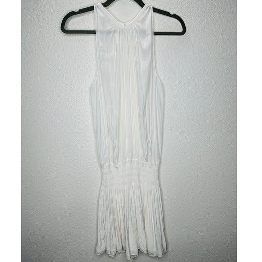 Ramy Brook White Paris Sleeveless High Neck Ruched Smocked Waist Mini Dress S