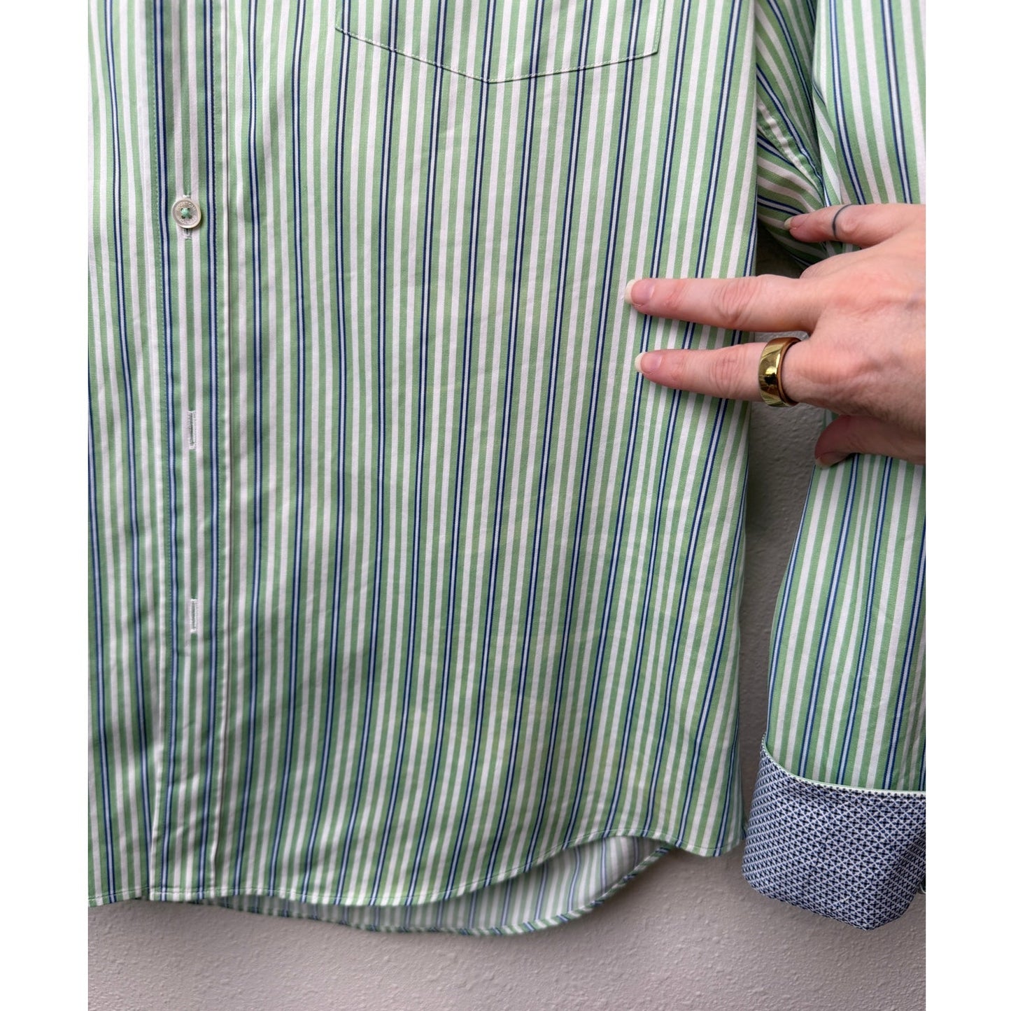 Bugatchi Shaped Fit Stripe Button Front Shirt Green Men’s L