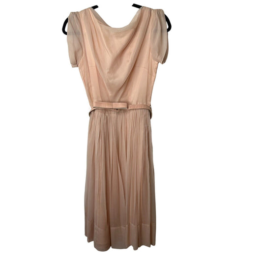 Vintage Size 15 Peach Chiffon Pleated Belted Sleeveless Dress Drape Neck BackZip