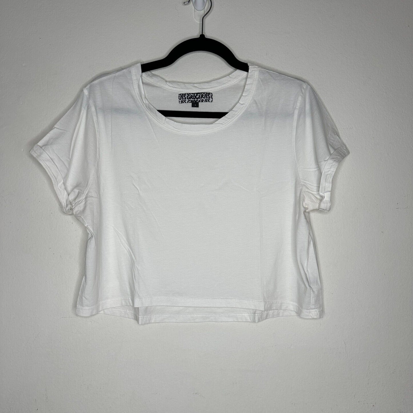 Groceries White Round Neck Short Sleeve Crop Top 100% Organic Cotton Tee Small