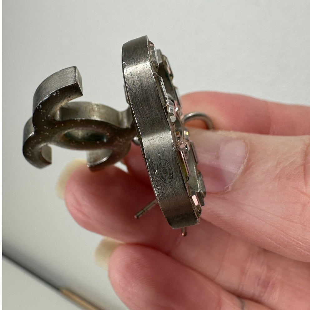 Chanel Baguette Stone Logo Silver Earrings Boucles Oreille Crystal