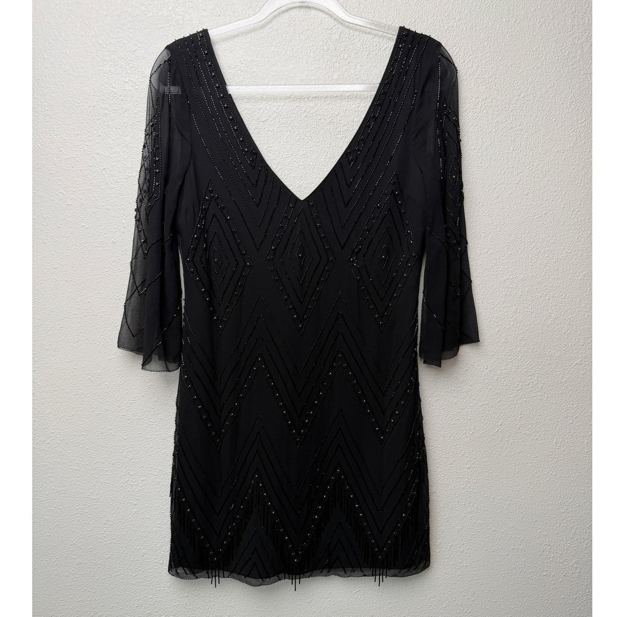 Alice + Olivia Black Beaded V Neck Mini Dress Women US 4