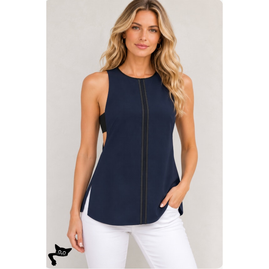 rag & bone Navy & Black High Neck Satin Back Zip Tank Blouse Sleeveless Top S