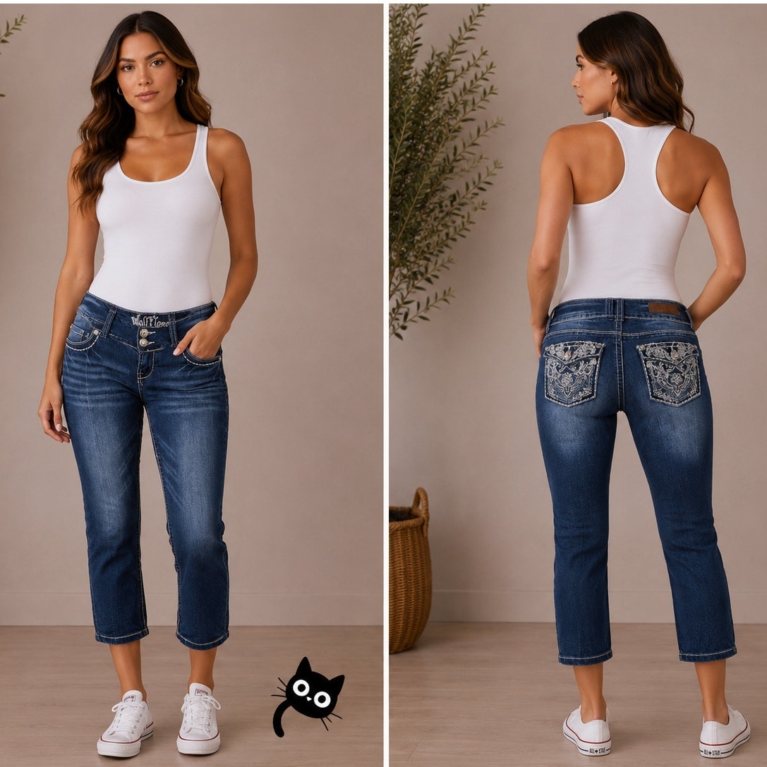 Wallflower Dark Blue Wash Low Rise Whiskered Embroidered Crop Jean 28