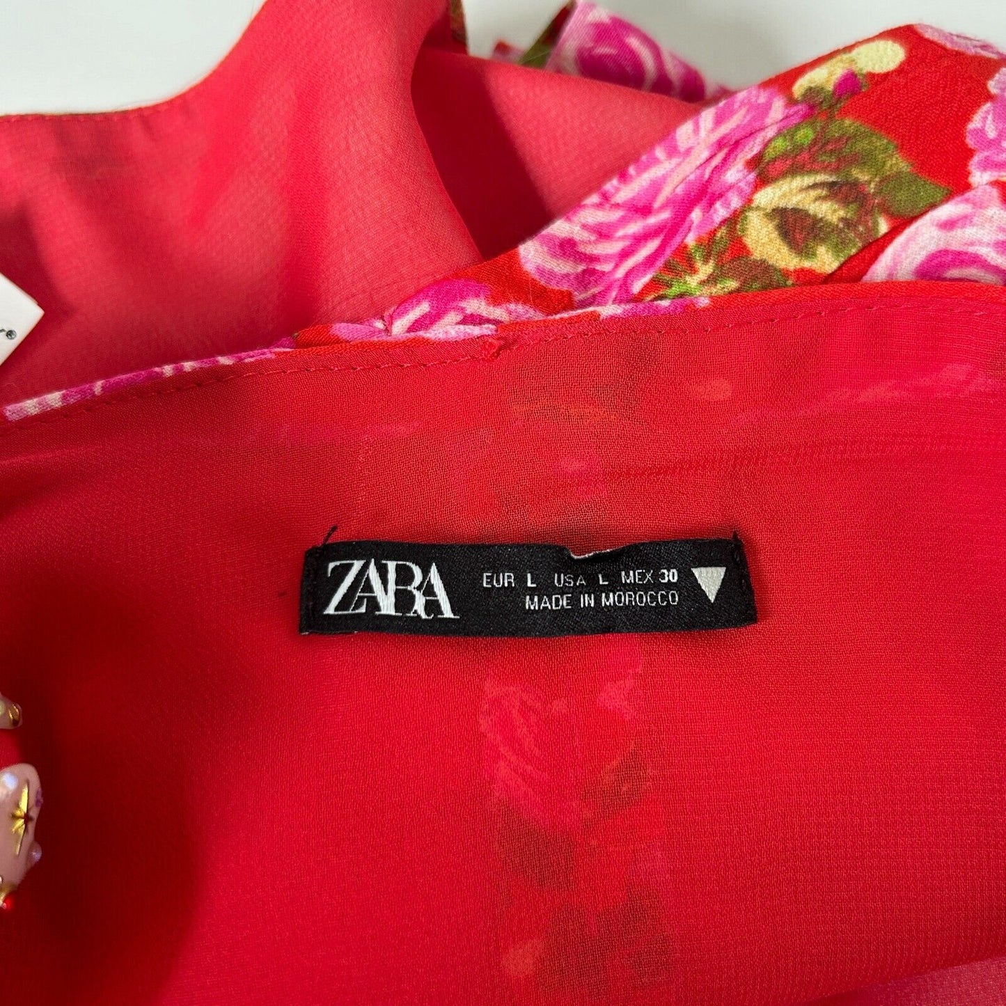 Zara Red & Pink Floral Print Long Puff Sleeve Side Zip Ruche Waist Crop Top L