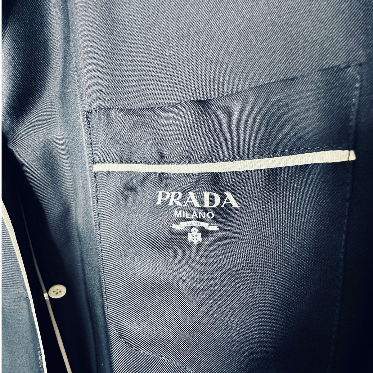 NWT Prada Bleu Black Twill White Trim Long Line Belted Robe Dress 44 / M