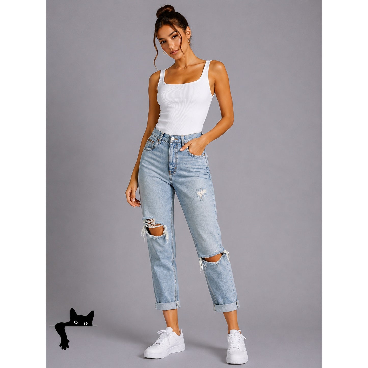 Calvin Klein Light Wash Distressed Cuffed High-Rise Jeans 4