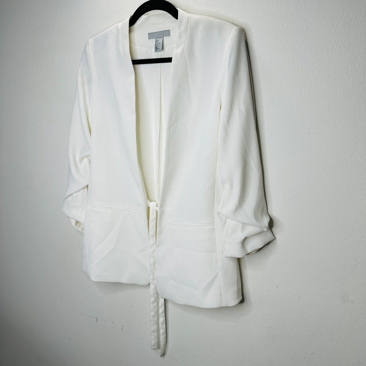 H&M Cream Linen Blend Fitted Blazer Jacket Hook & Eye Front 3/4 Ruched Sleeves 4
