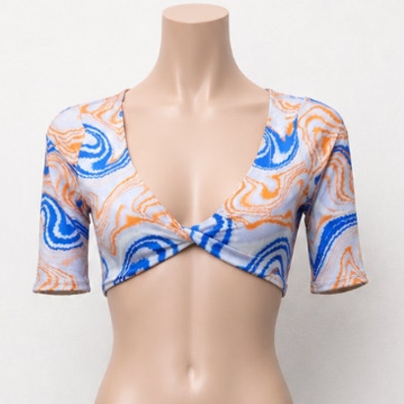 NWT Icon Swim White Blue Orange Sunset Dive Wave Print Twist Front Crop Top Small