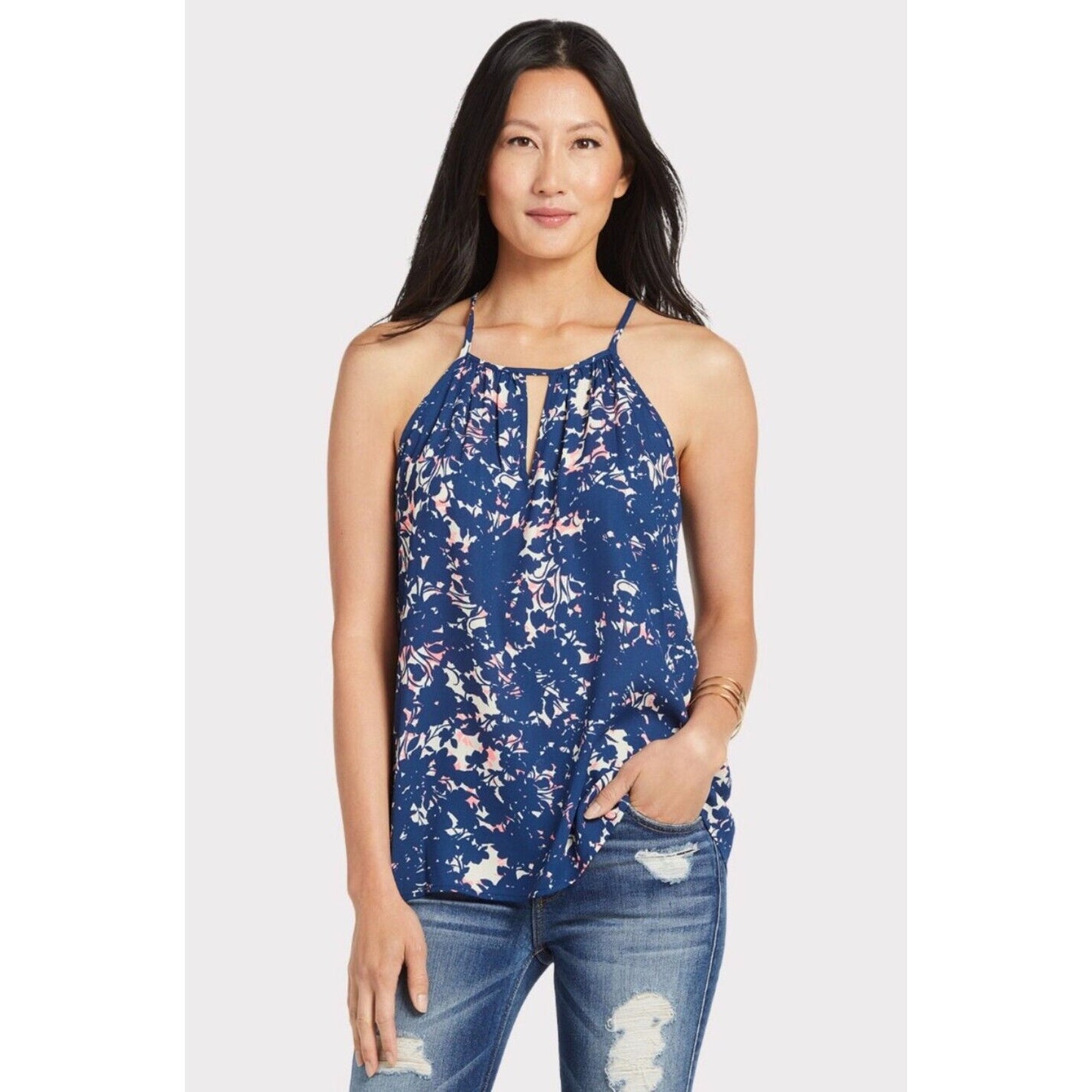 Allison Joy Cassidy Tank Navy Pink Keyhole VNeck Sleeveless Back Button XS