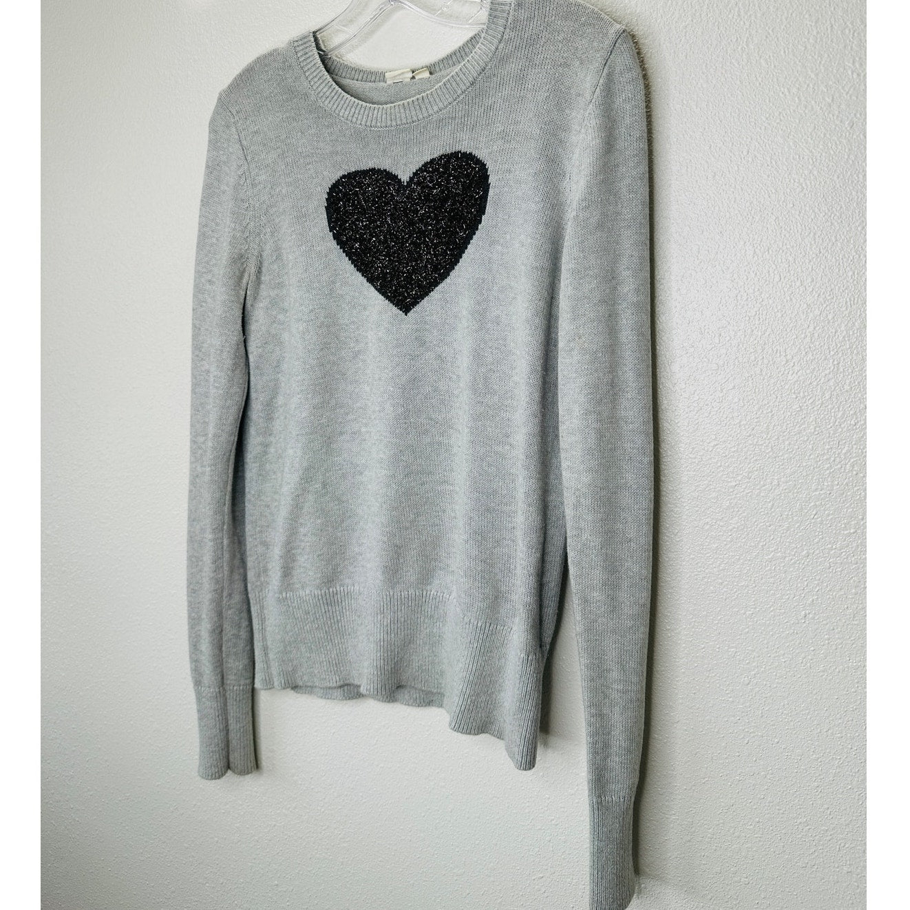 Gap Light Gray Metallic Heart Intarsia Crewneck Pullover Long Sleeve Sweater S