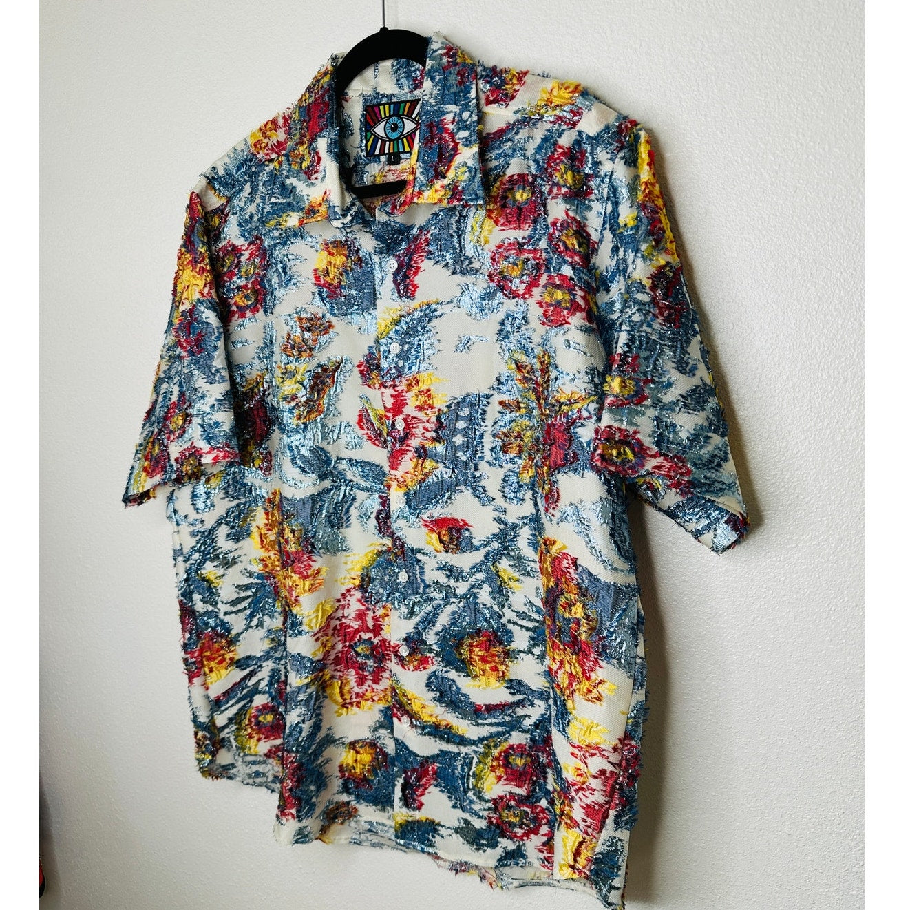 Libertine Cream Red Blue Gold Metallic Embroidered Button Down Short Sleeve Shirt L