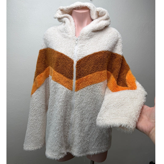 SHEIN Colorblock Sherpa Teddy Zip Hoodie Jacket Cream Brown Size M