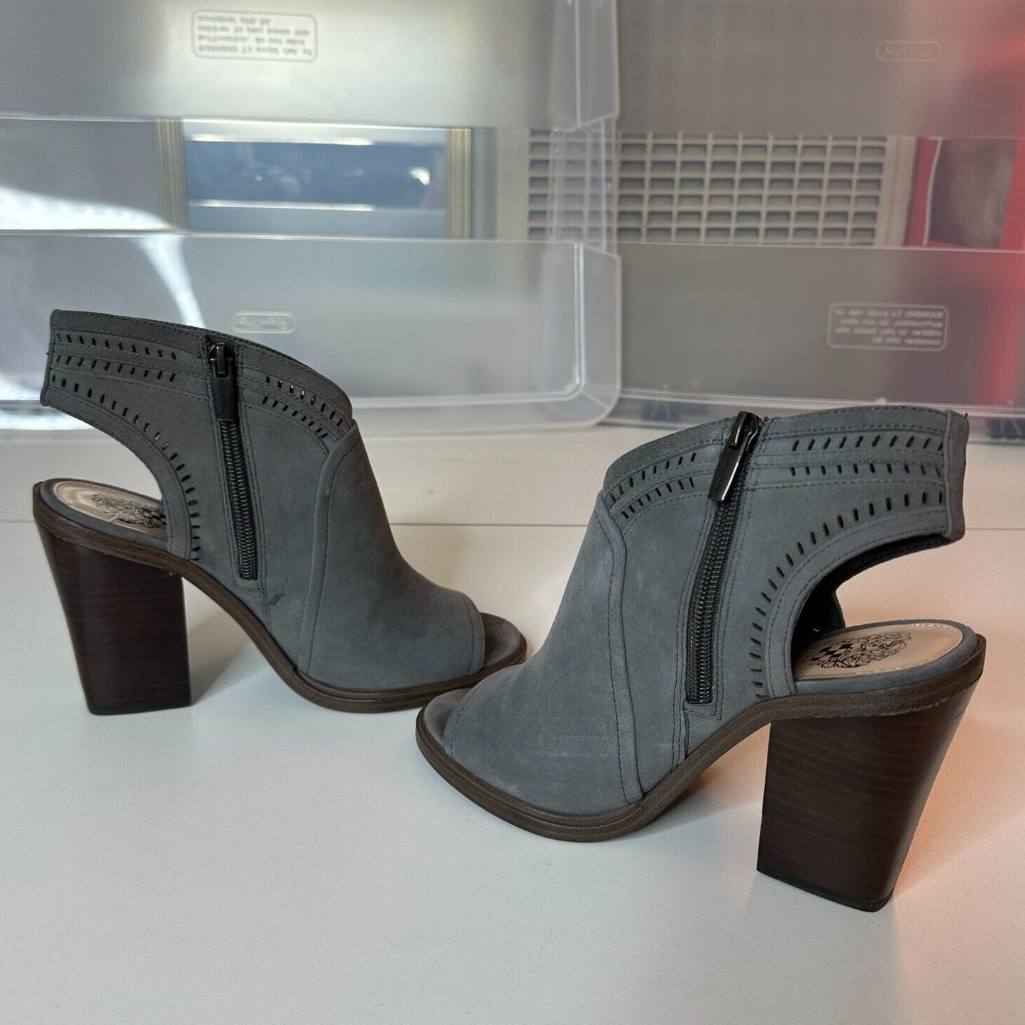Vince Camuto Gray Koral Laser Cut Suede Open Toe Block Heel Booties Zip size 7