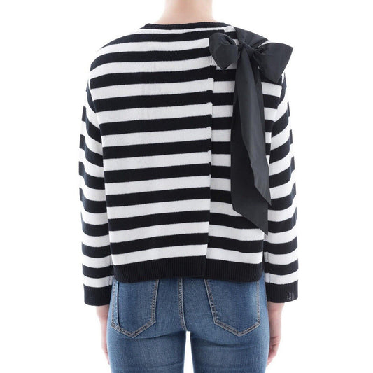 Valentino Off White & Black Horizontal Stripe Open Back Satin Shoulder Tie Top L