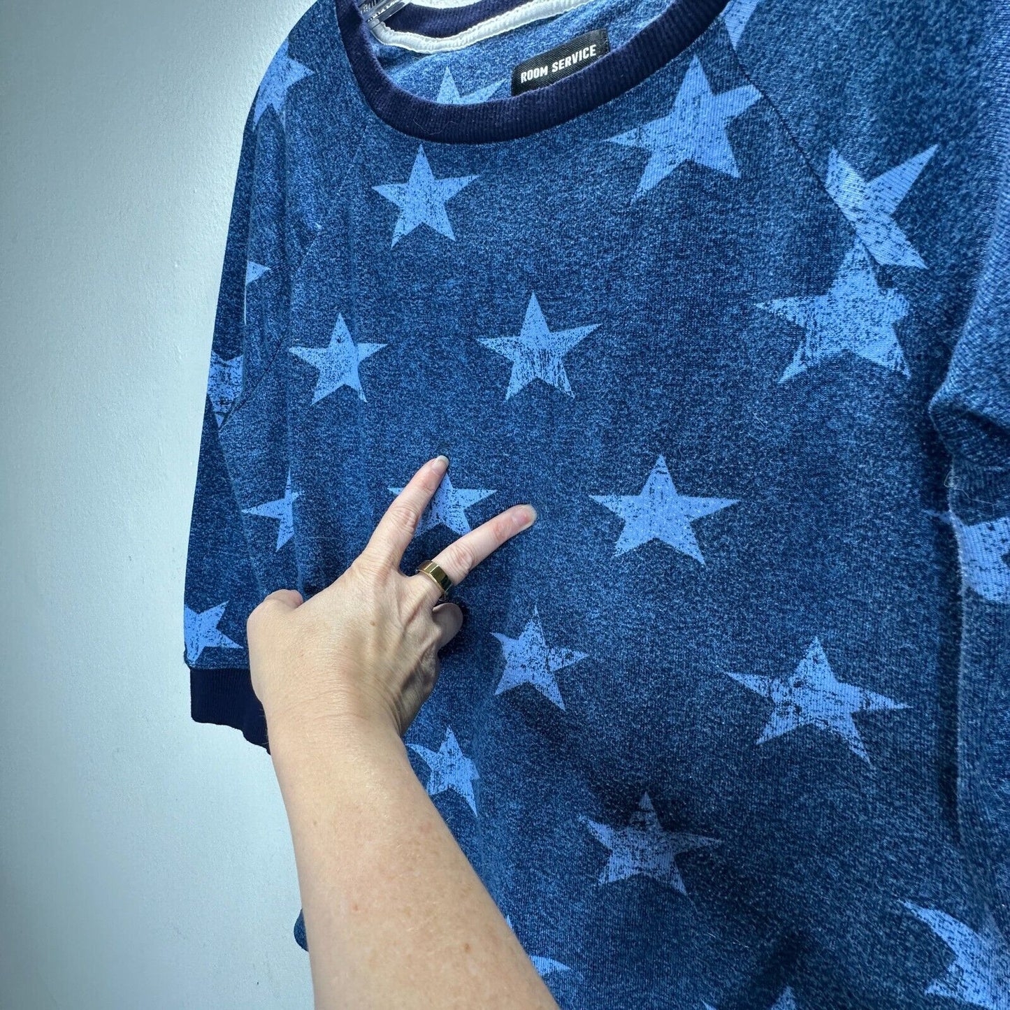 Room Service Blue Star Print 3/4 Sleeve Light Sweater and Drawstring Joggers M