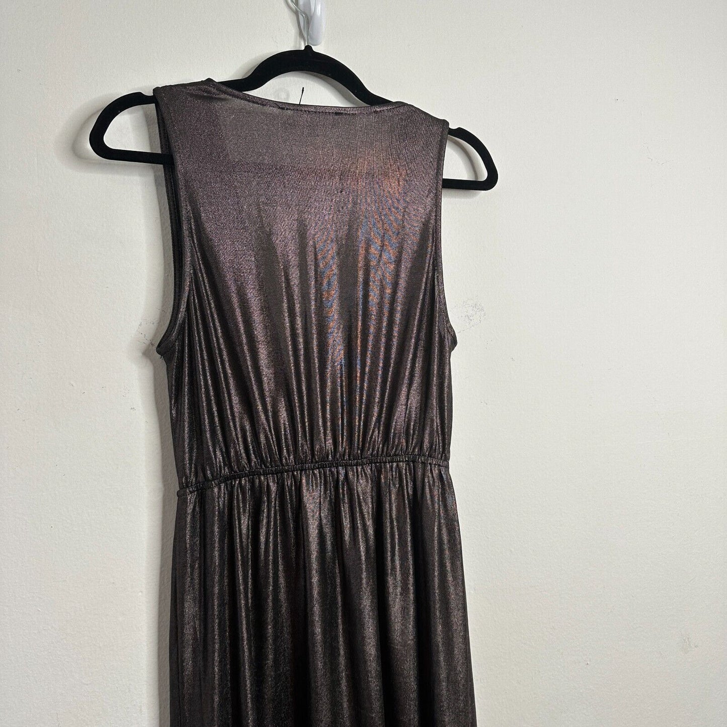 About Us Meredith Plunge Maxi Deep VNeck Sleeveless Shiny Bronze Metallic Small