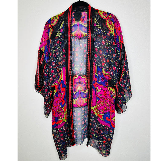 Anna Sui Multicolor Pink Black Purple Sheer Shimmer Floral Paisley Kimono M / L