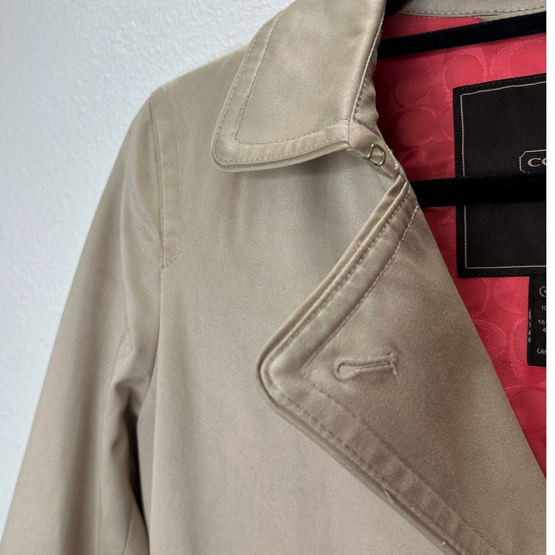 Coach Tan Double Breasted Tie Belt Trench Coat Gold Buttons Small