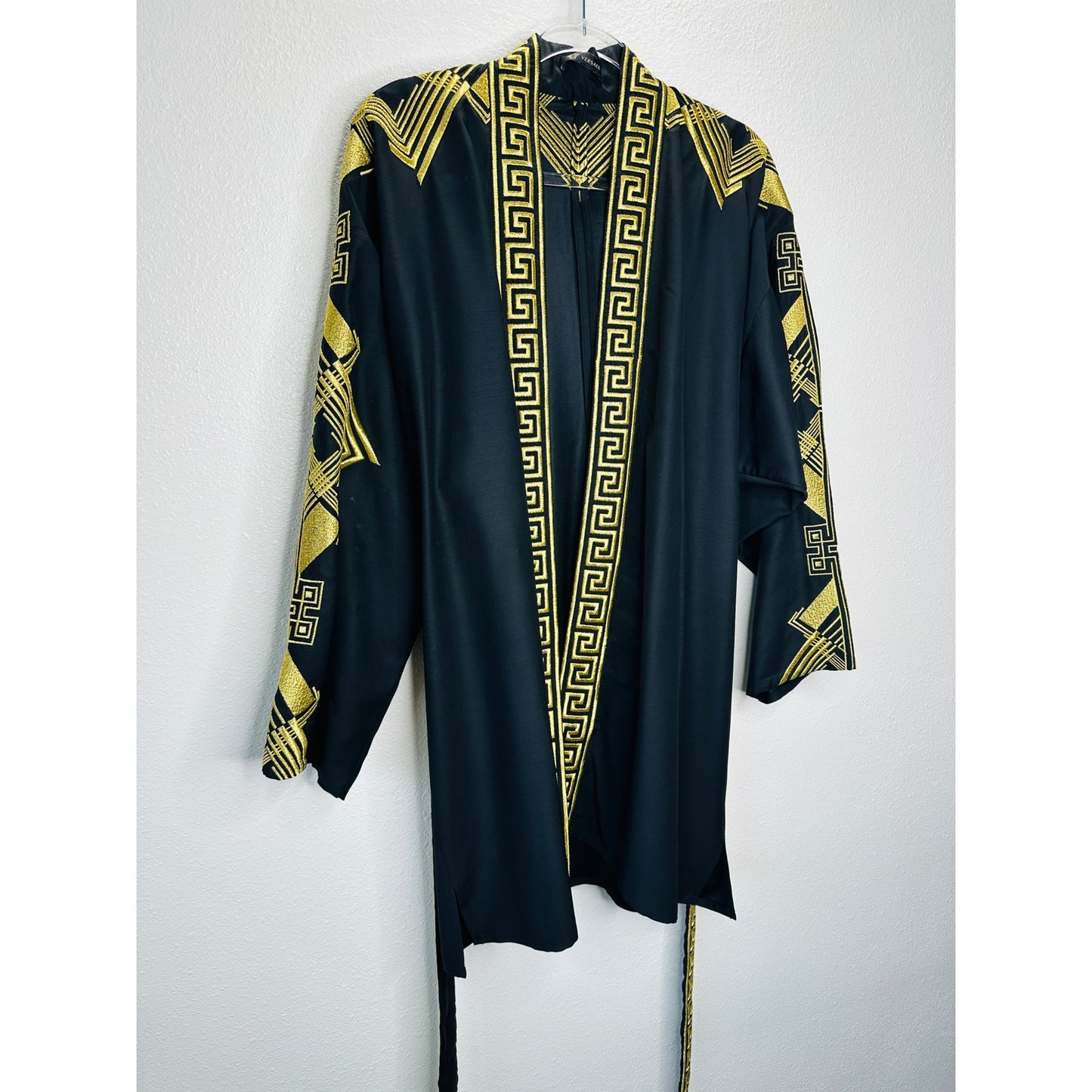 Versace Belted Gold Embroidered Black Wool Blend Kimono Jacket M