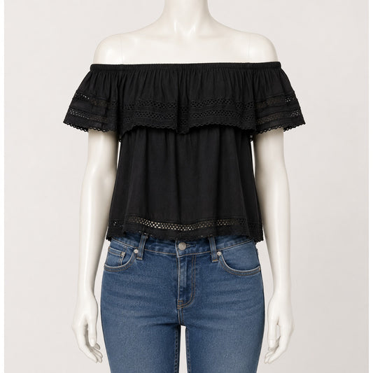 Aritzia Wilfred Hollande Black Off Shoulder Crochet Ruffle Crop Boho Blouse XS