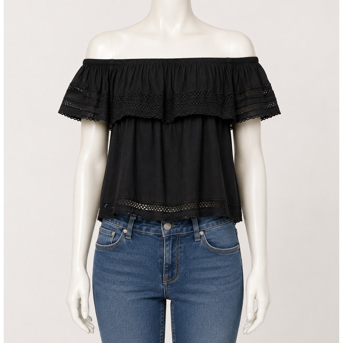 Aritzia Wilfred Hollande Black Off Shoulder Crochet Ruffle Crop Boho Blouse XS