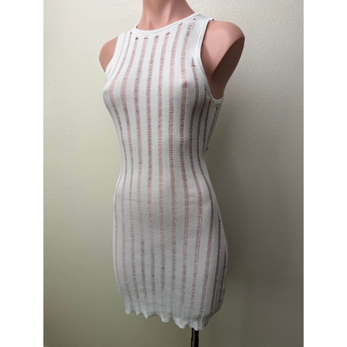 Superdown White Distressed Stripe Knit Sleeveless Cover Up Dress XS