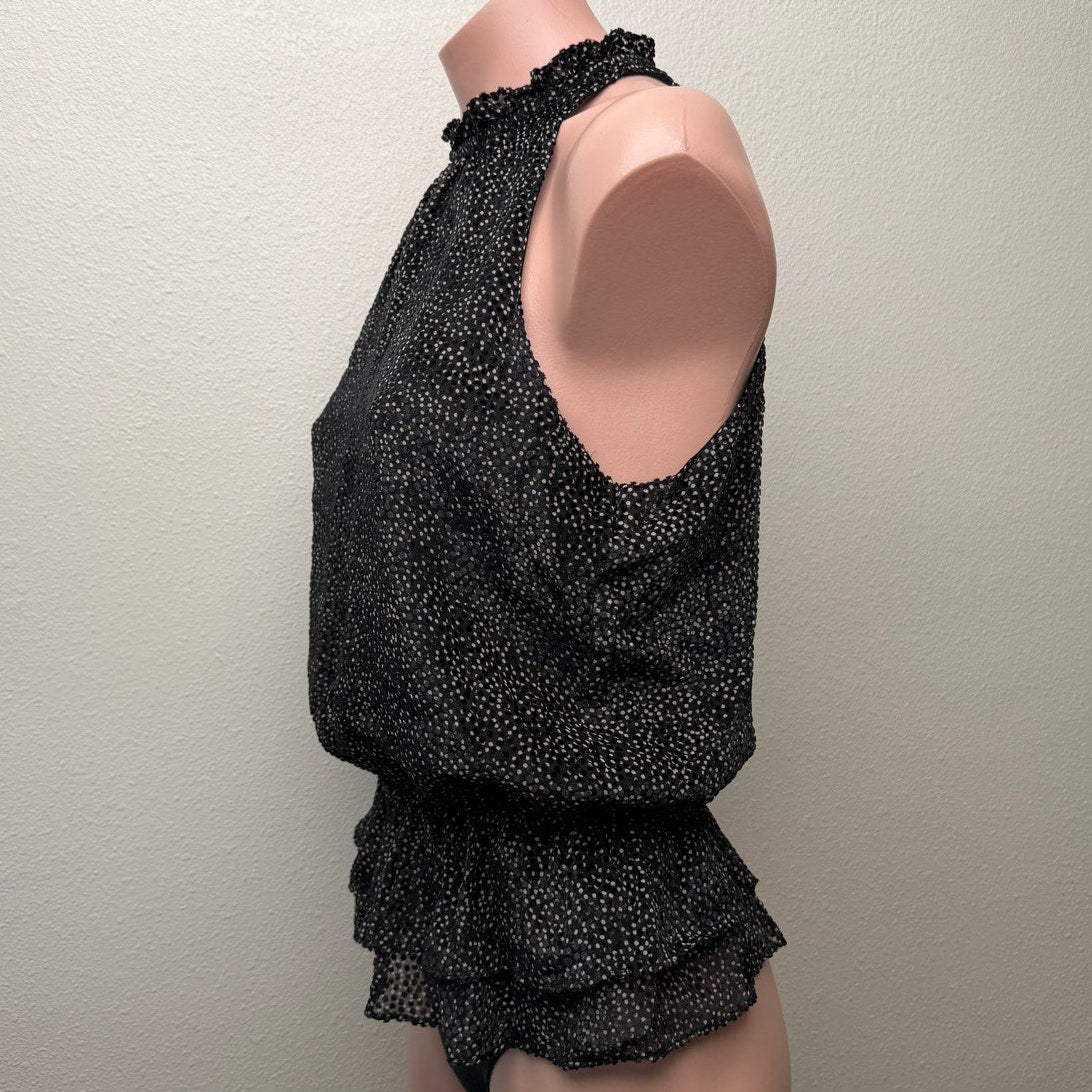 Ramy Brook Black Polka Dot Sleeveless Ruffle Blouse XS