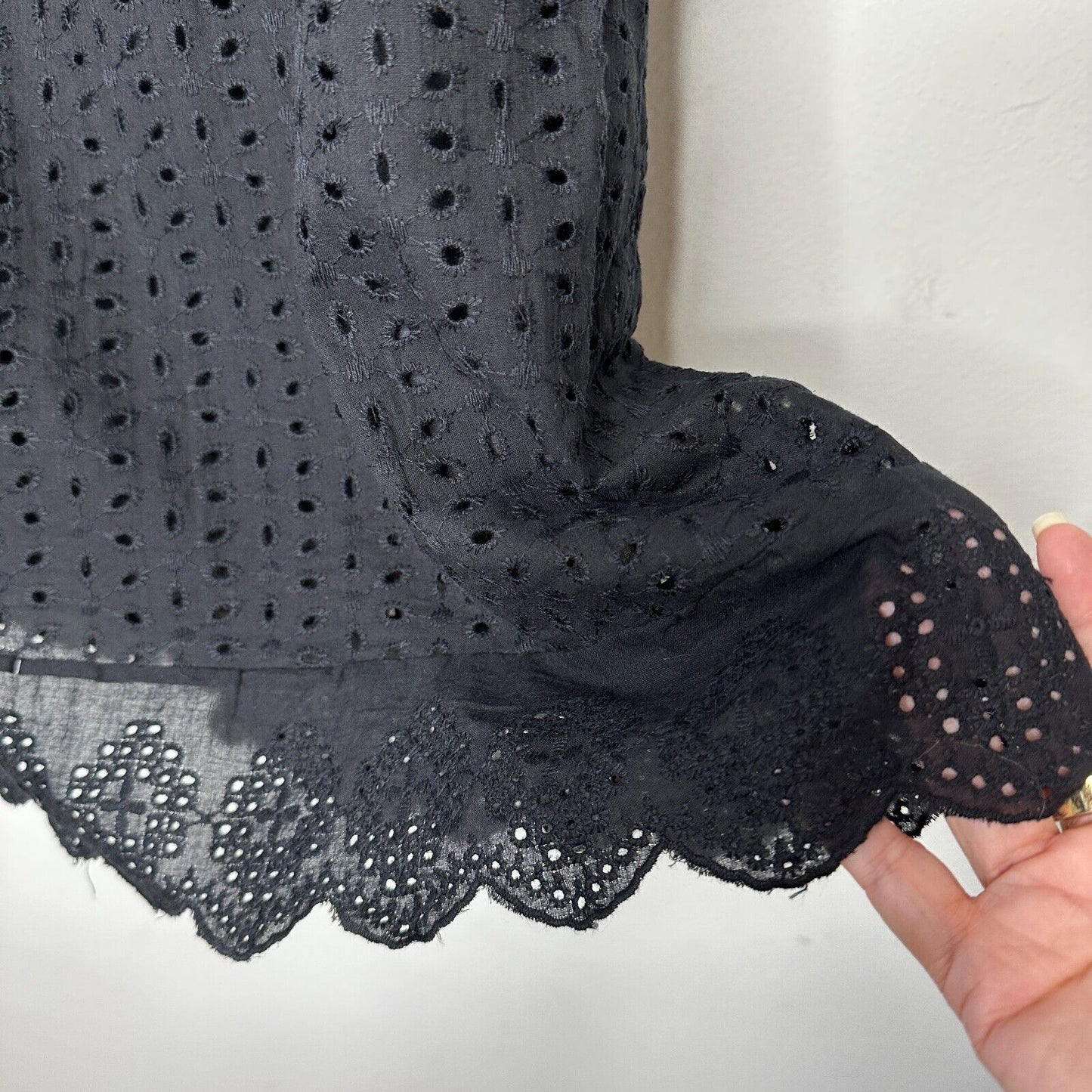 Black Eyelet Lace Ruffle Deep VNeck Zip Sleeveless Romper Mini Empire Waist Med