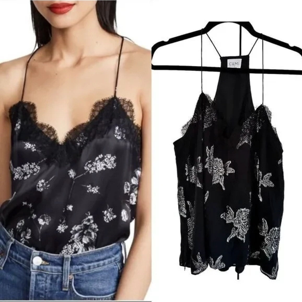 Cami NYC Black White Floral Lace Trim Silk Racer Cami Tank Top XS