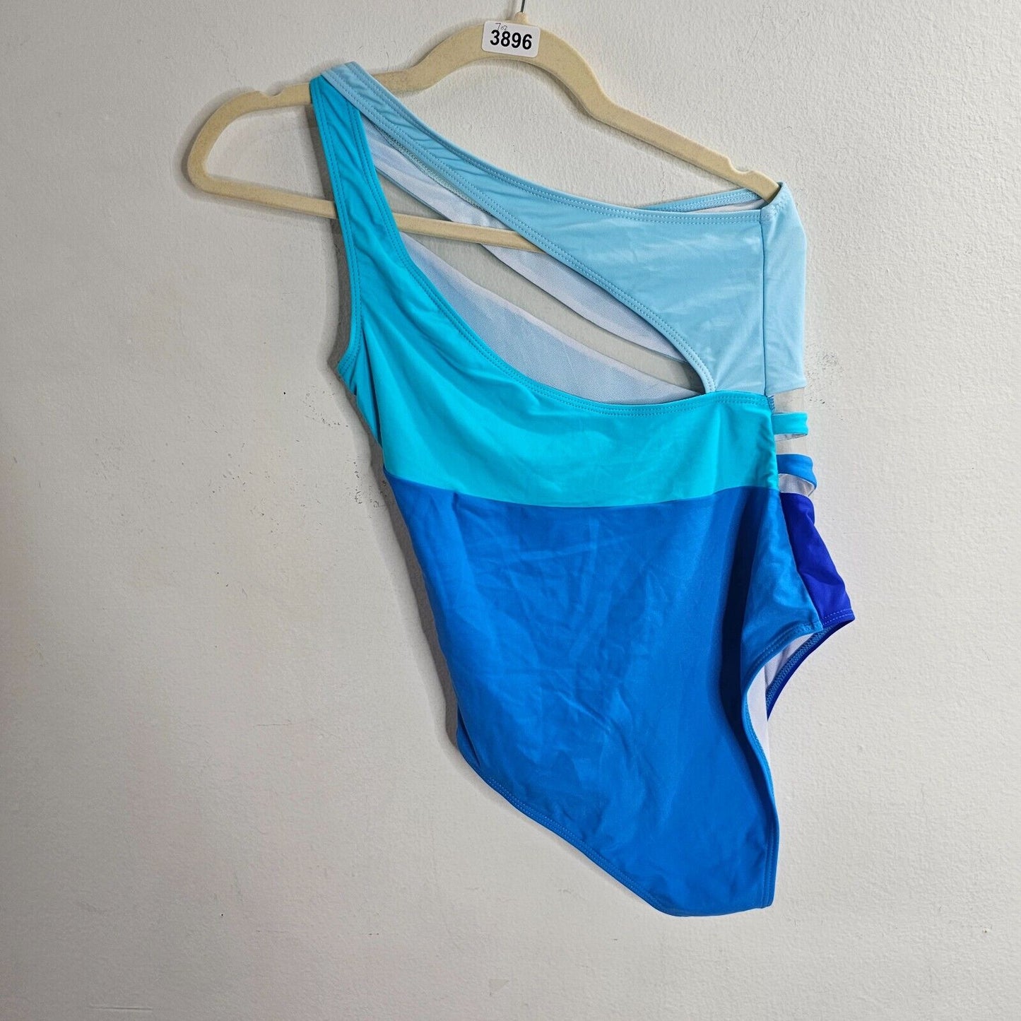 Blue & Teal Color Block Sheer Design One Shoulder Swim Suit One Piece Small
