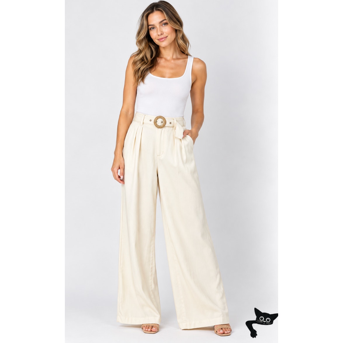 PAIGE Birch Cream Wide Leg Pleated Pants w/ Belt Women US 0