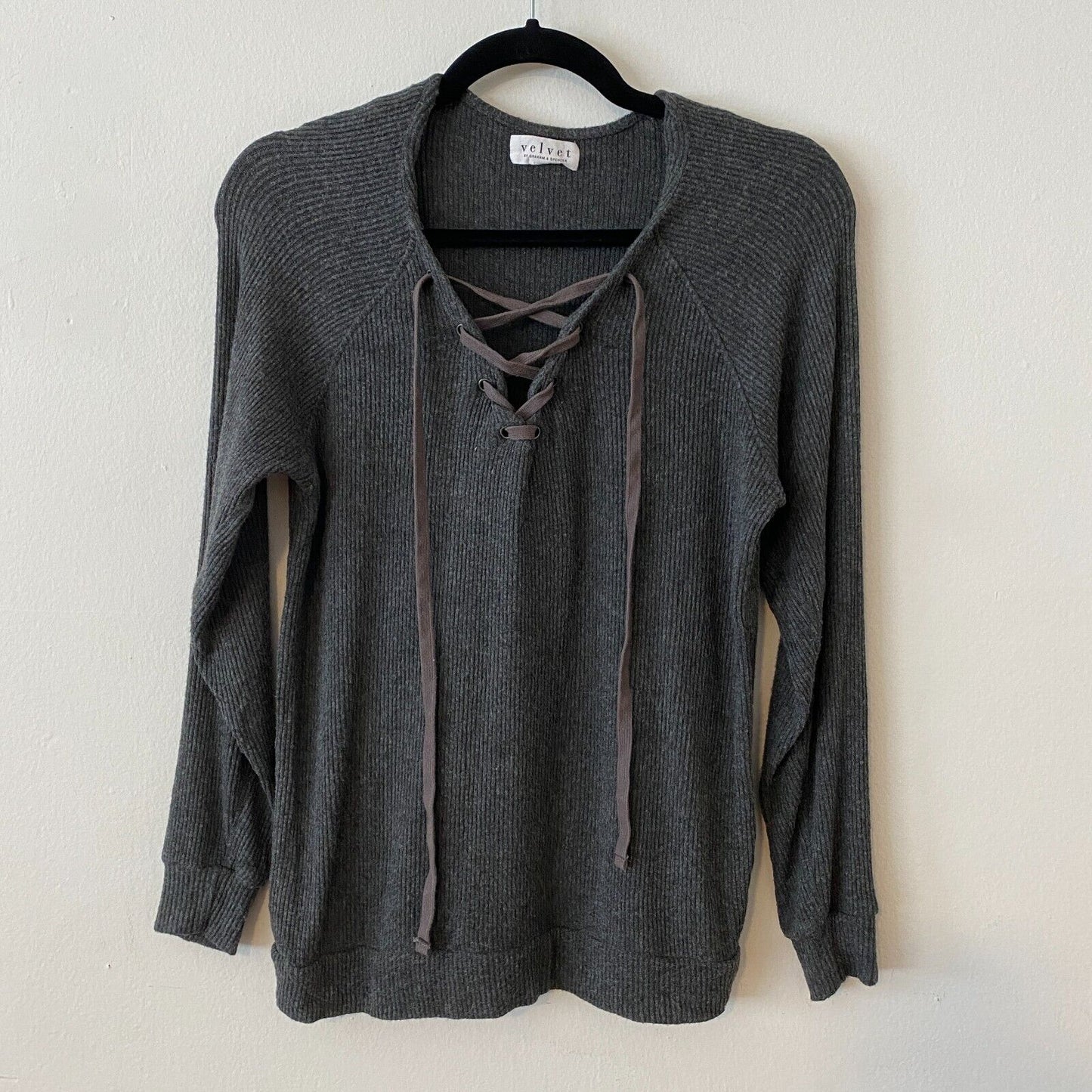 VELVET Graham and Spencer Gray Billow Lace up V-Front Long Sleeve Jersey Top XS