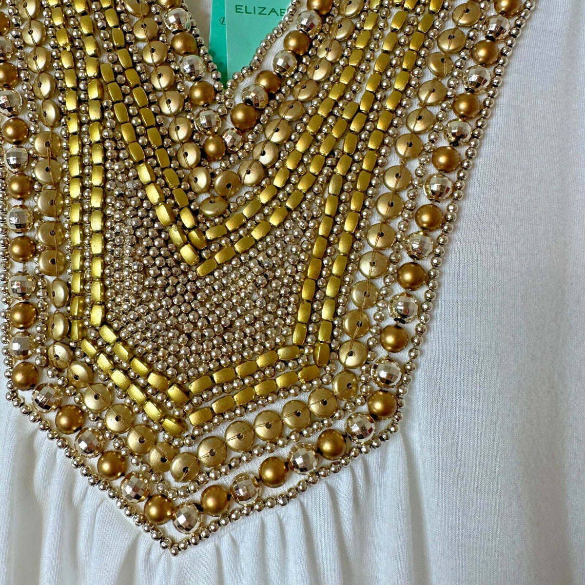 NWT Elizabeth Hurley Beach White Jemima Maxi Gold Embellished Bead Neckline Med