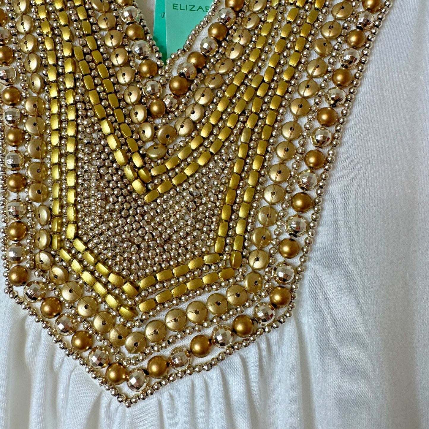 NWT Elizabeth Hurley Beach White Jemima Maxi Gold Embellished Bead Neckline Med