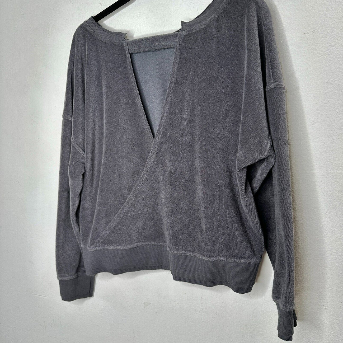 Joy Lab Dark Gray Long Sleeve Crop Terrycloth Sweater Faux Wrap Open V-Back SM
