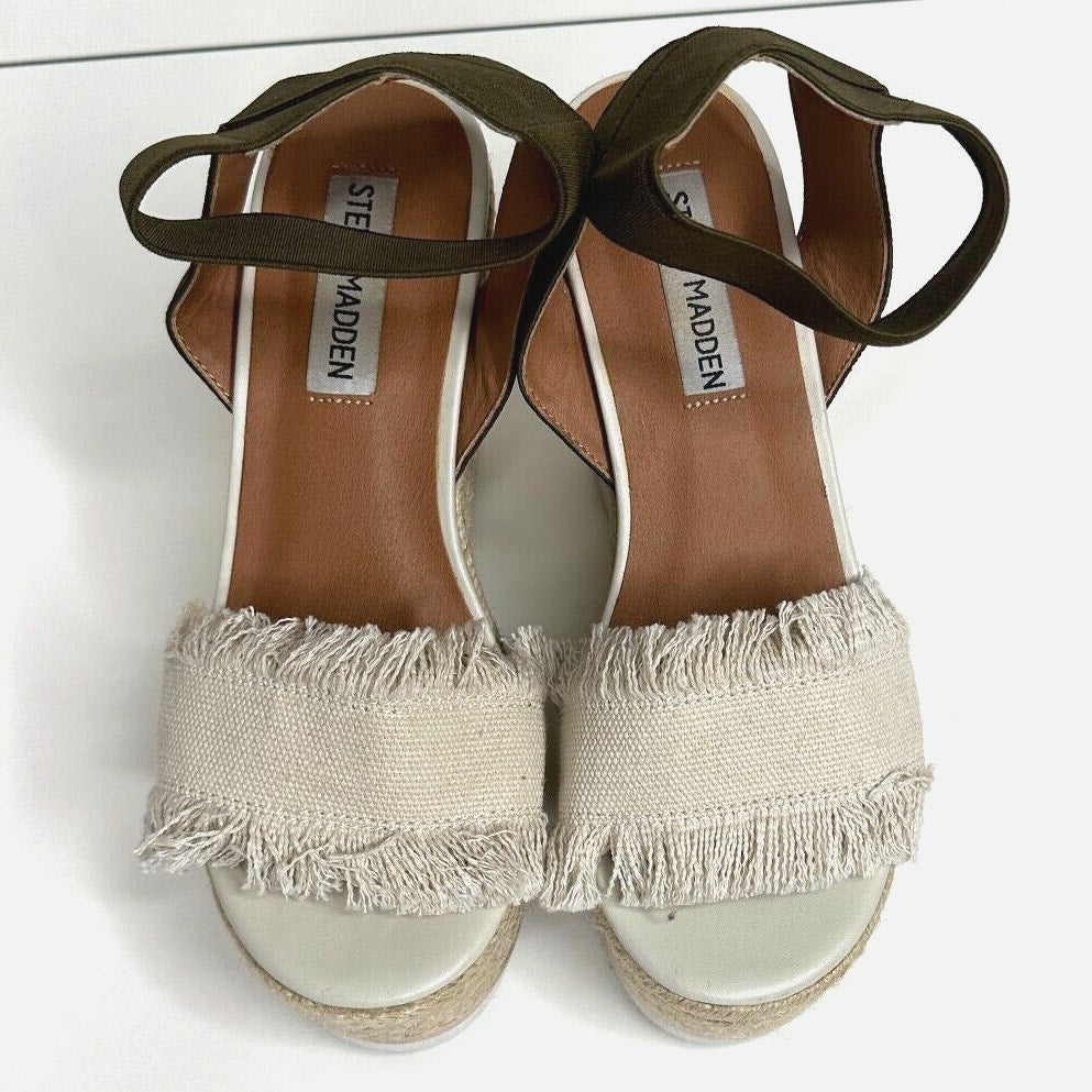 Steve Madden Venus Wedge Beige Fringed Canvas Green Ankle Espadrille Wedges 5.5