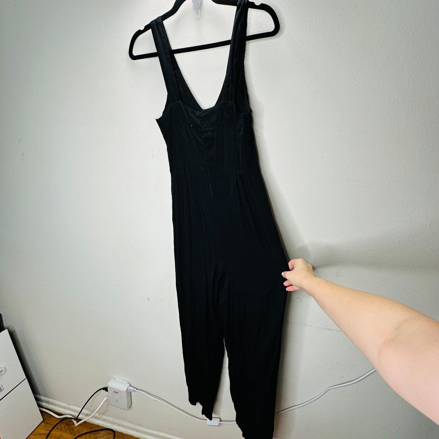 Taylor & Sage Black Semi-Sheer V Neck Button & Loop Front Wide Leg Jumpsuit S