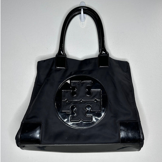 Tory Burch Black Canvas & Patent Leather Tote Bag 11 x 17