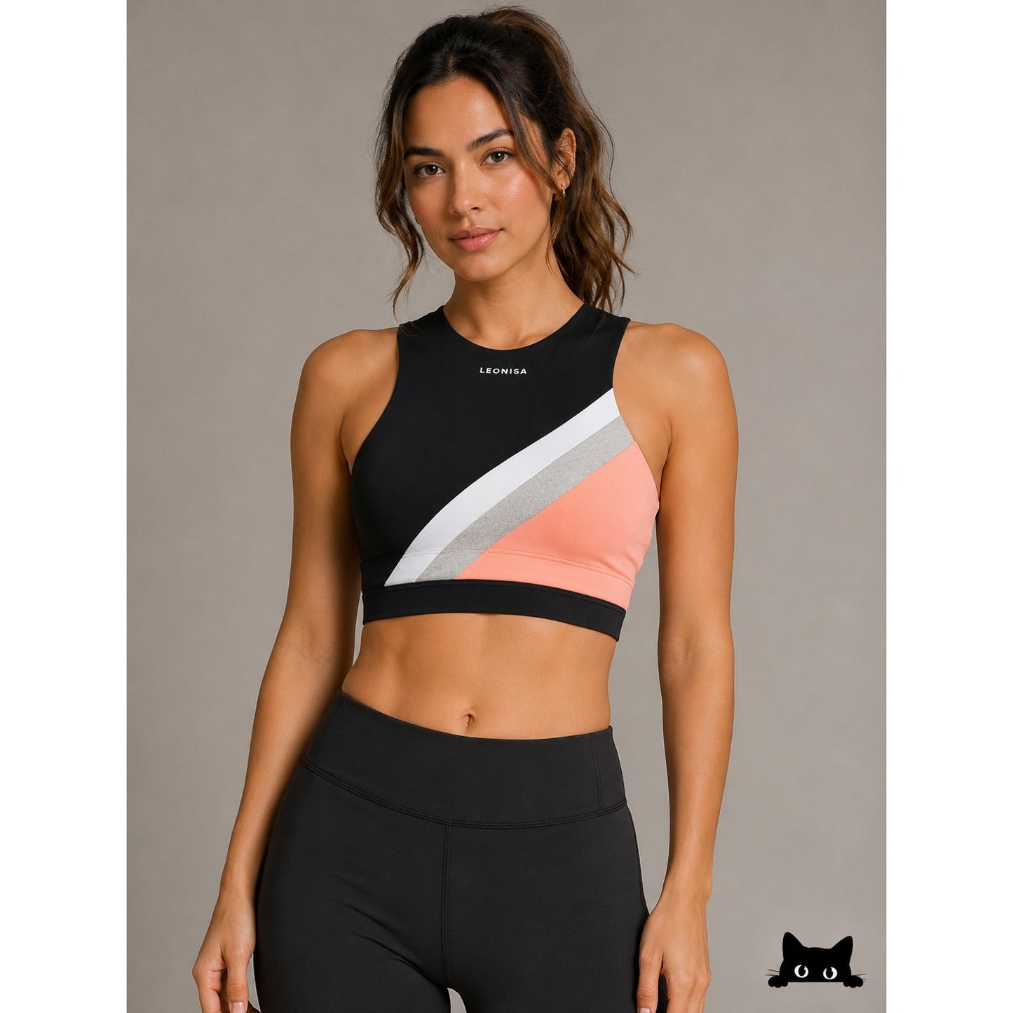 Leonisa Peach White & Black Stripe High Neck Maximum Support Sports Bra Top S